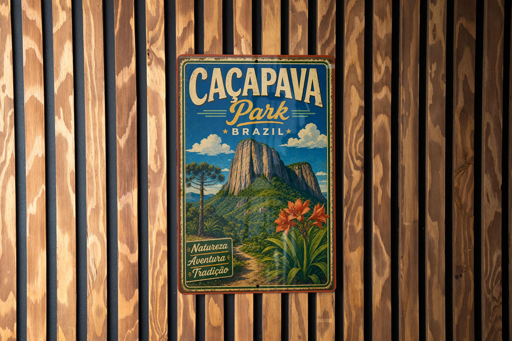 A vintage metal sign for Cacapava Park in Brazil, featuring a mountain landscape with flowers and a trail.