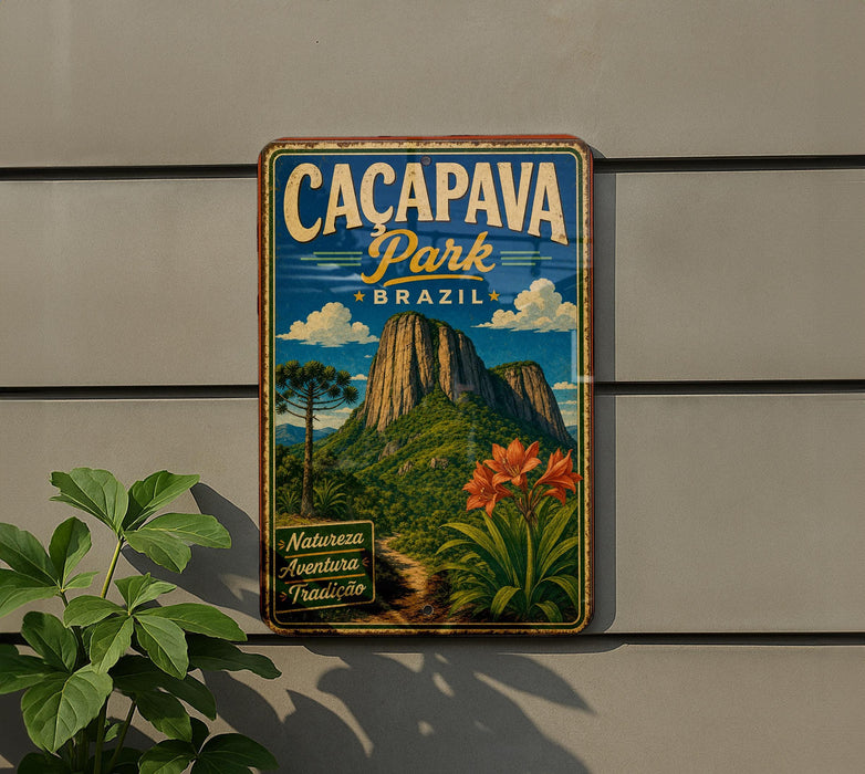 a vintage-style metal sign for Cacapa Park in Brazil, with a mountain landscape and flowers in the background.