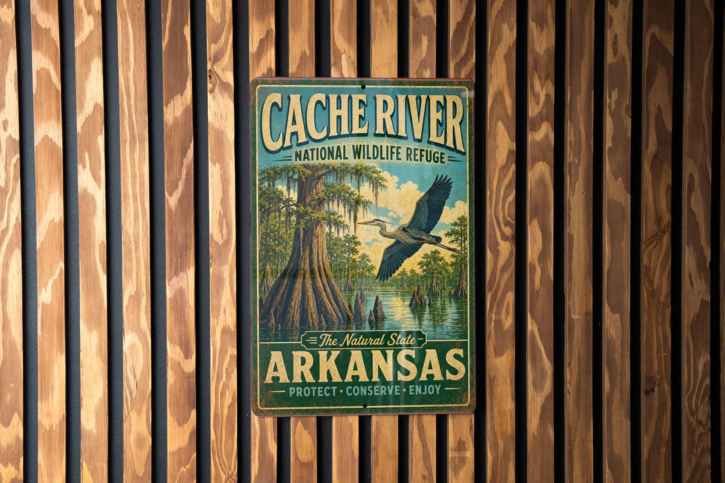 A vintage-style metal sign for the Cacher River National Wildlife Refuge in Arkansas, featuring a bird in flight and a lush, swampy landscape.
