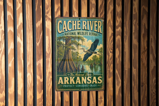 A vintage-style metal sign for the Cacher River National Wildlife Refuge in Arkansas, featuring a bird in flight and a lush, swampy landscape.