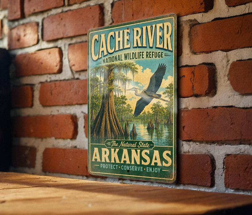 A vintage metal sign for the Cache River National Wildlife Refuge in Arkansas, featuring an illustration of a bird in flight over a marshy area with trees and water.