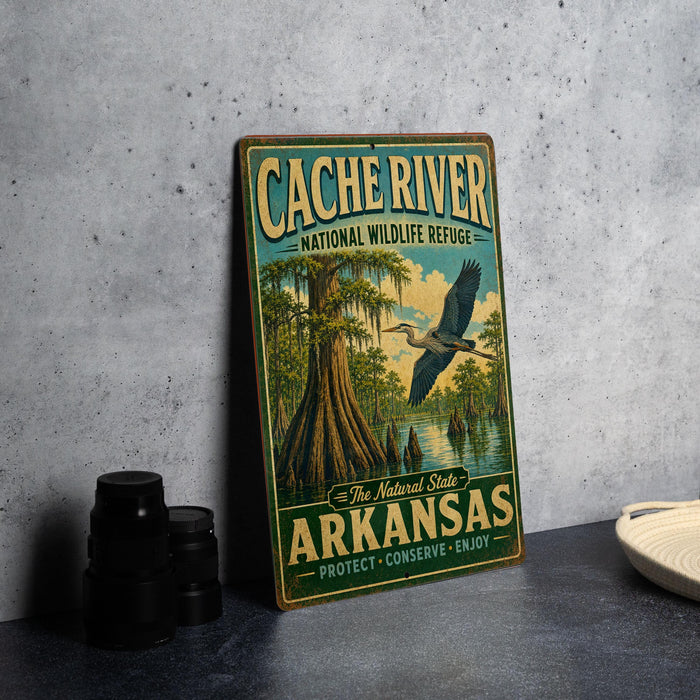 A vintage-style sign for the Cache River National Wildlife Refuge in Arkansas, featuring an illustration of a bird in flight over a swampy landscape.