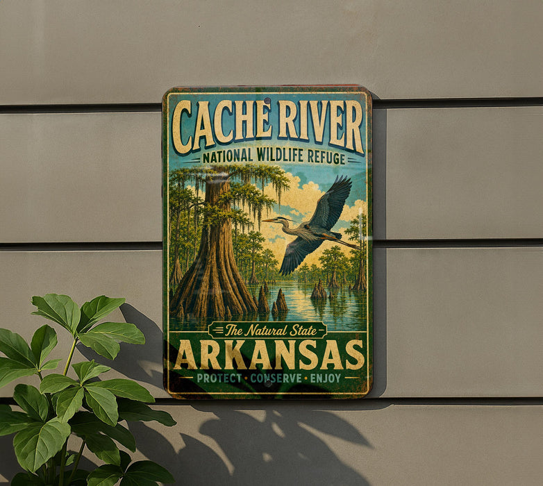 A vintage-style metal sign for the Cache River National Wildlife Refuge in Arkansas, featuring an illustration of a bird in flight over a swampy landscape.