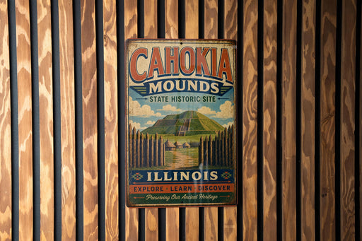 A vintage metal sign for Cahokia Mounds State Historic Site in Illinois, featuring a mountain landscape and the text "Cahokia Mounds" and "State Historic Site".