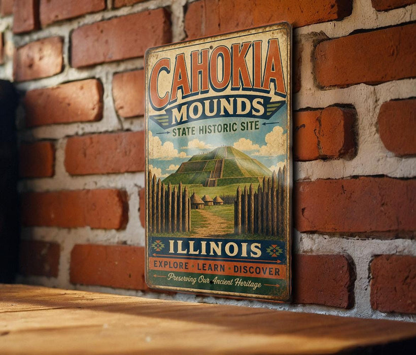 A vintage metal sign for the Cahokia Mounds State Historic Site in Illinois, featuring a mountain landscape and text promoting exploration and learning about the site.