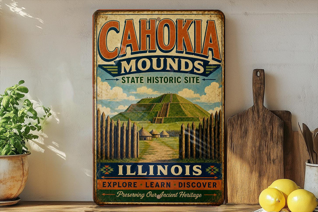 a vintage-style sign for Cahokia Mounds, a historic site in Illinois, with a mountain and a fence in the background.