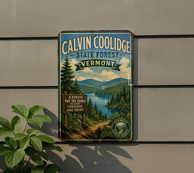 A vintage-style metal sign for Calvin Coolidge State Forest in Vermont, featuring a scenic landscape with pine trees, a lake, and mountains.