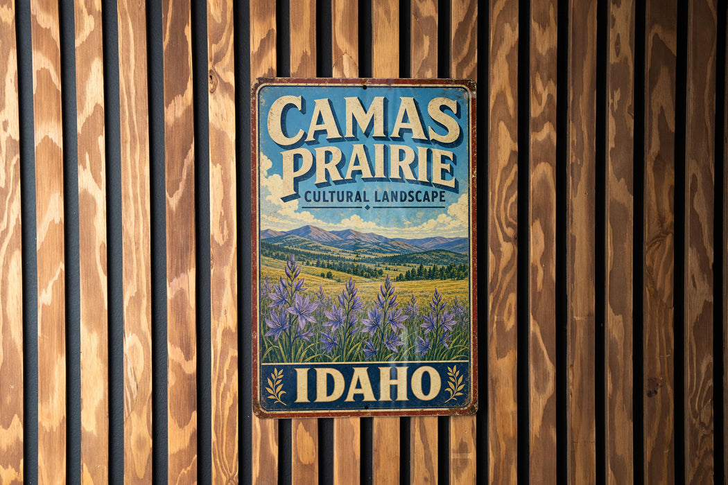 A vintage-style metal sign with the text "Camas Prairie Cultural Landscape Idaho" displayed on a wooden wall.