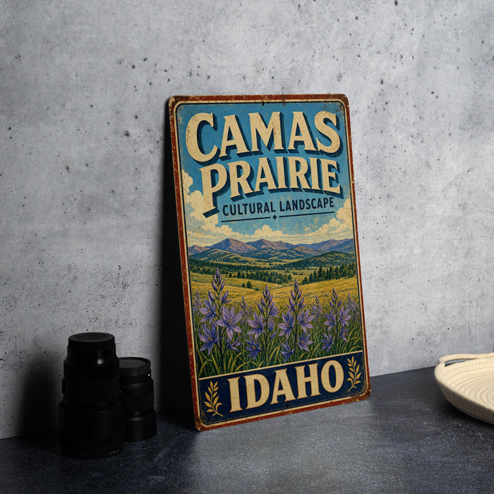 A vintage-style sign for Camas Prairie, Idaho, featuring a scenic landscape with mountains and wildflowers.