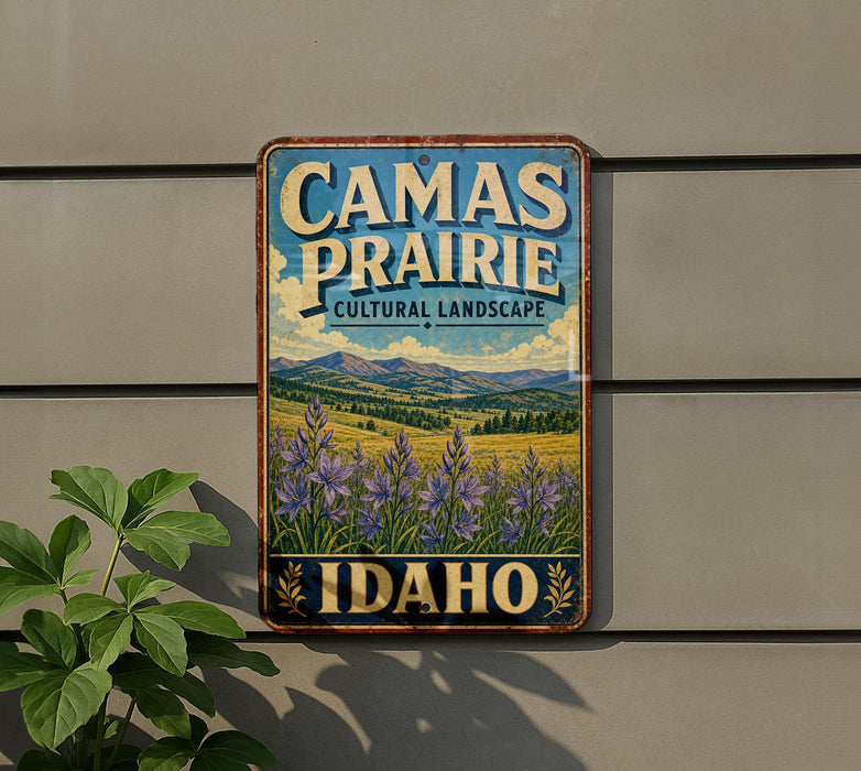 A vintage-style sign for Camas Prairie, a cultural landscape in Idaho, featuring a scenic landscape with mountains and wildflowers.