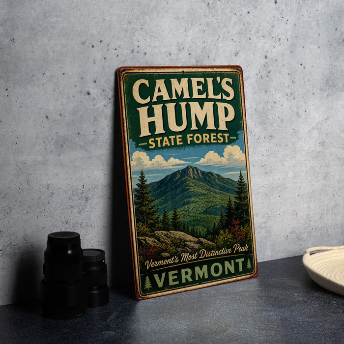 A vintage-style sign for Camel's Hump State Forest in Vermont, featuring a mountain landscape and text indicating the location.