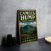 A vintage-style sign for Camel's Hump State Forest in Vermont, featuring a mountain landscape and text indicating the location.