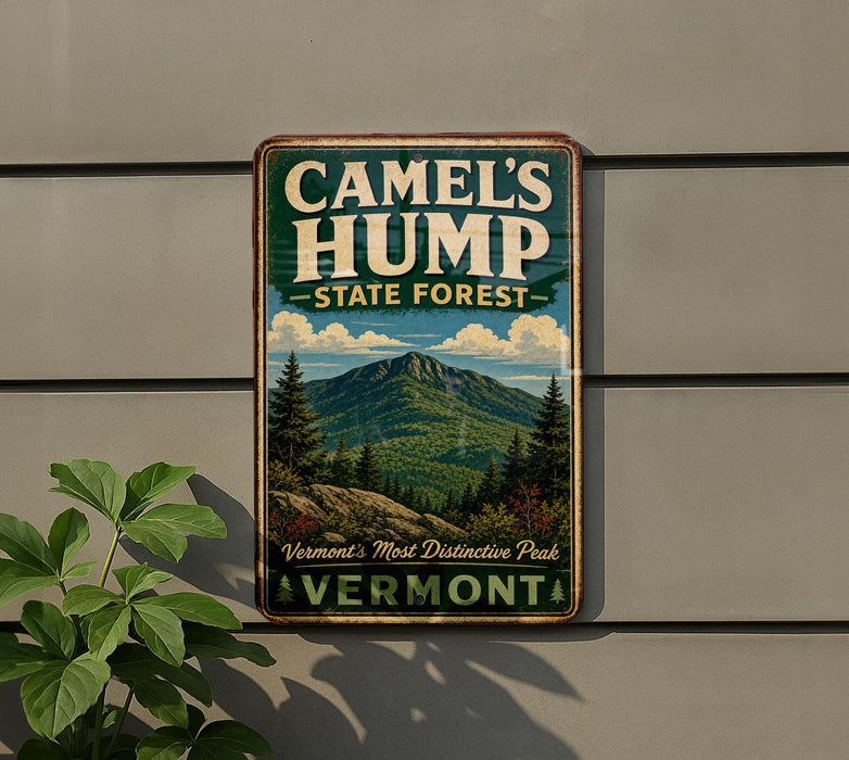 A vintage metal sign for Camel's Hump State Forest in Vermont, featuring a mountain landscape and pine trees.