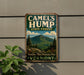 A vintage metal sign for Camel's Hump State Forest in Vermont, featuring a mountain landscape and pine trees.