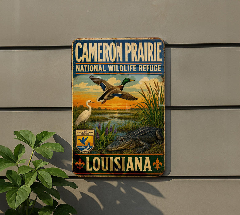 A vintage-style sign for Cameron Prairie National Wildlife Refuge in Louisiana, featuring illustrations of ducks, alligators, and other wildlife in a natural setting.
