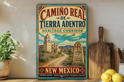 A vintage-style metal sign for "Caminos Real de Tierra Adentro Heritage Corridor" in New Mexico, featuring a desert landscape with a church and a cross.