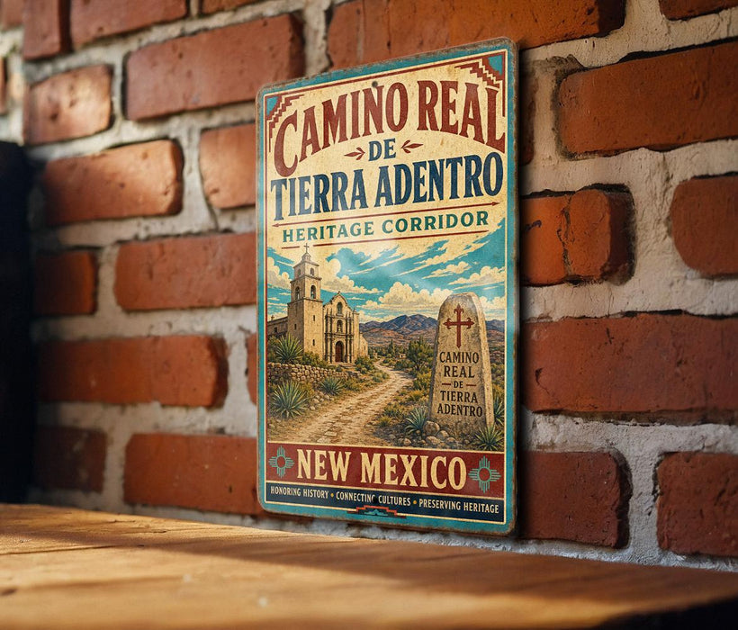 A vintage-style poster advertising Camino Real, the historic corridor in Tierra Adentro, New Mexico.