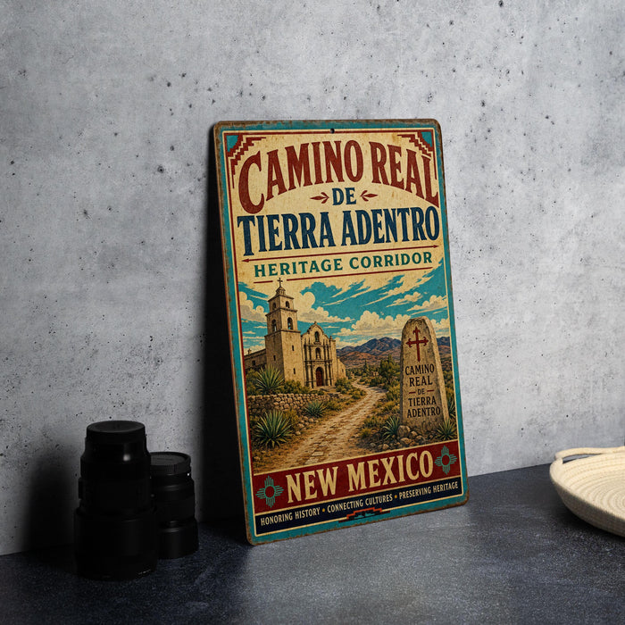 A vintage-style metal sign advertising the Camino Real de Tierra Adentro Heritage Corridor in New Mexico, featuring a desert landscape with a church and a tombstone.