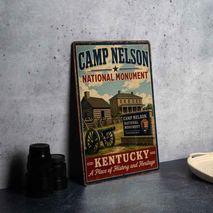 A vintage-style metal sign for the Camp Nelson National Monument in Kentucky, featuring an illustration of a log cabin and cannon, with the text "Camp Nelson National Monument" and "Kentucky - A Place of History and Heritage".