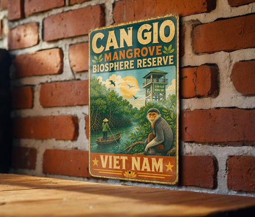 a vintage-style sign for the Can Gio Mangrove Biosphere Reserve, which is a nature reserve in Vietnam. The sign is hanging on a brick wall and depicts a man in a hat and a monkey in a boat, surrounded by lush greenery.