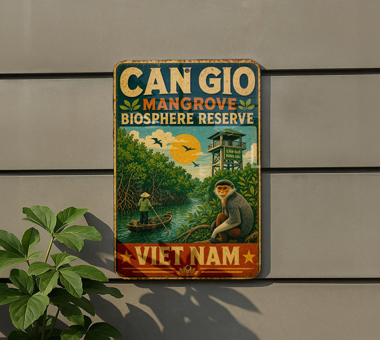 a vintage-style sign for the Can Gio Mangrove Biosphere Reserve in Vietnam, depicting a man in traditional Vietnamese attire sitting on a boat in a river surrounded by lush greenery.