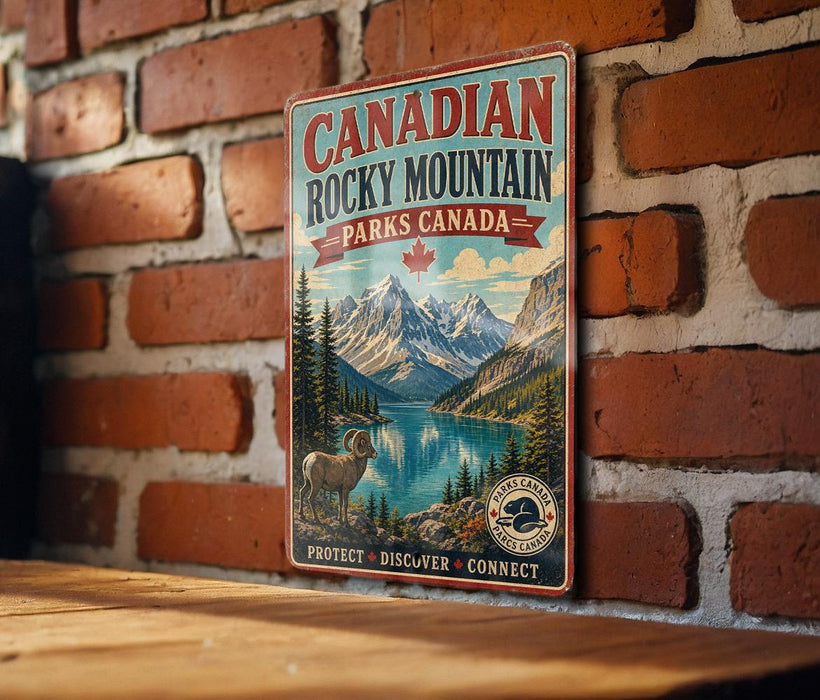 A vintage-style metal sign for Canadian Rocky Mountain Parks Canada hangs on a brick wall, featuring a scenic mountain landscape with a lake and a bighorn sheep.