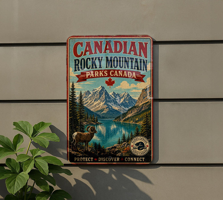 A vintage-style sign for Canadian Rocky Mountain Parks Canada, featuring a mountain landscape with a river and a bighorn sheep, mounted on a wall.