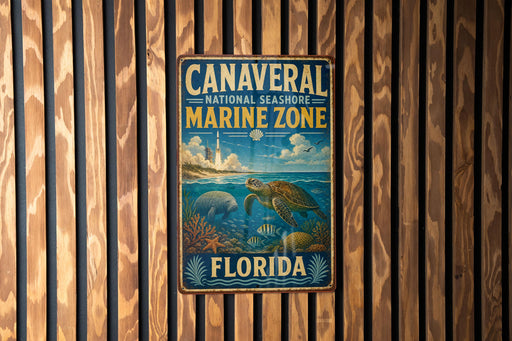A vintage metal sign for the Canavorial National Seashore Marine Zone in Florida, featuring a turtle and other marine life against a backdrop of a lighthouse and ocean.