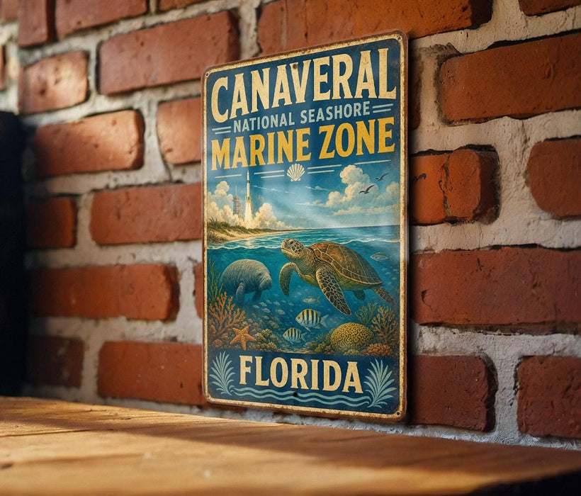 A vintage metal sign for the Canavorial National Seashore Marine Zone in Florida, featuring a turtle swimming in the ocean and surrounded by coral and other marine life.