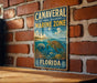 A vintage metal sign for the Canavorial National Seashore Marine Zone in Florida, featuring a turtle swimming in the ocean and surrounded by coral and other marine life.