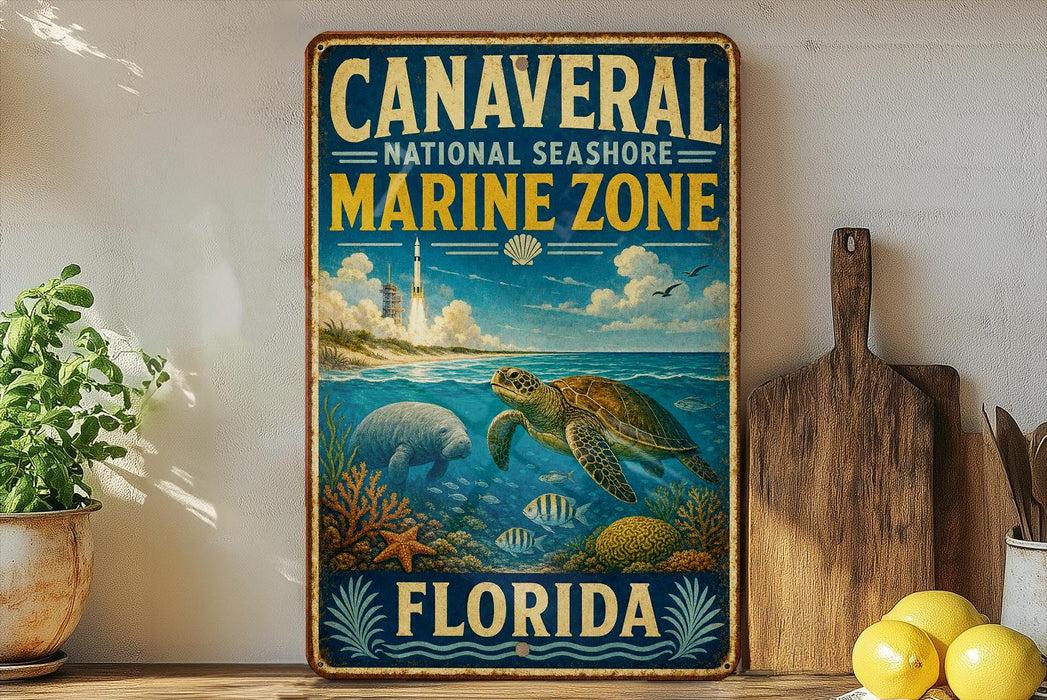 A vintage-style metal sign for the Canavorial National Seashore Marine Zone in Florida, featuring a turtle swimming in the ocean and various marine life.