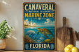 A vintage-style metal sign for the Canavorial National Seashore Marine Zone in Florida, featuring a turtle swimming in the ocean and various marine life.