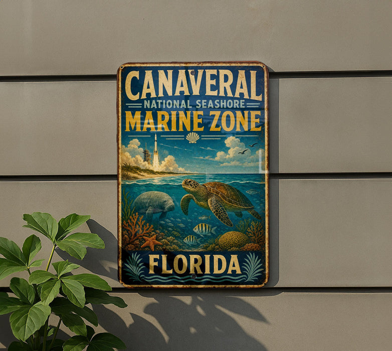 A vintage metal sign for the Canavolar National Seashore Marine Zone in Florida, featuring a turtle, coral, and other marine life.