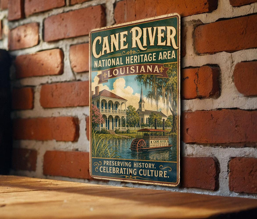 A vintage-style metal sign for the Cane River National Heritage Area in Louisiana, featuring an illustration of a historic building and a boat on the water.