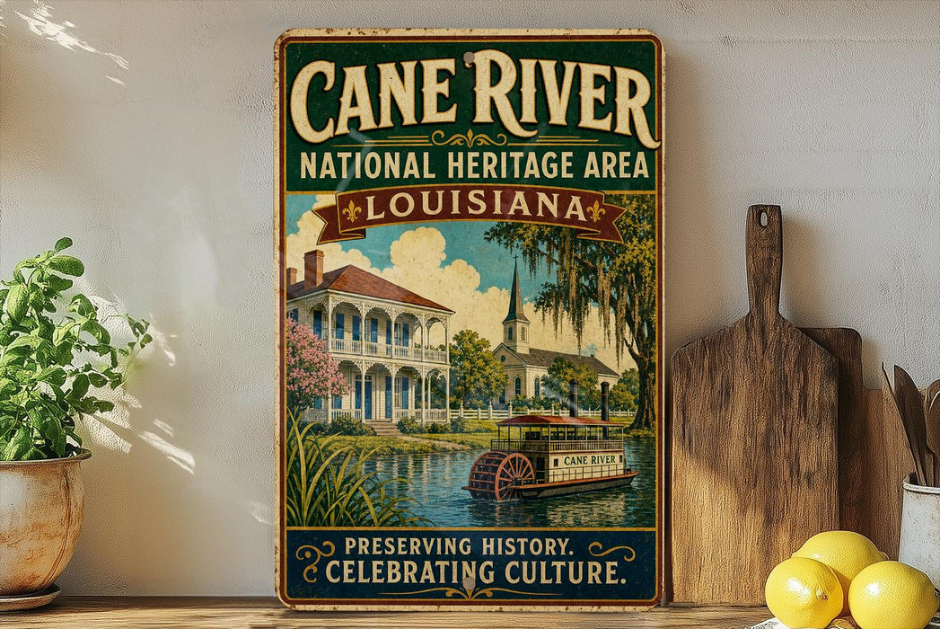 a vintage-style sign for the Cane River National Heritage Area in Louisiana, with a painting of a house and a boat on the water.