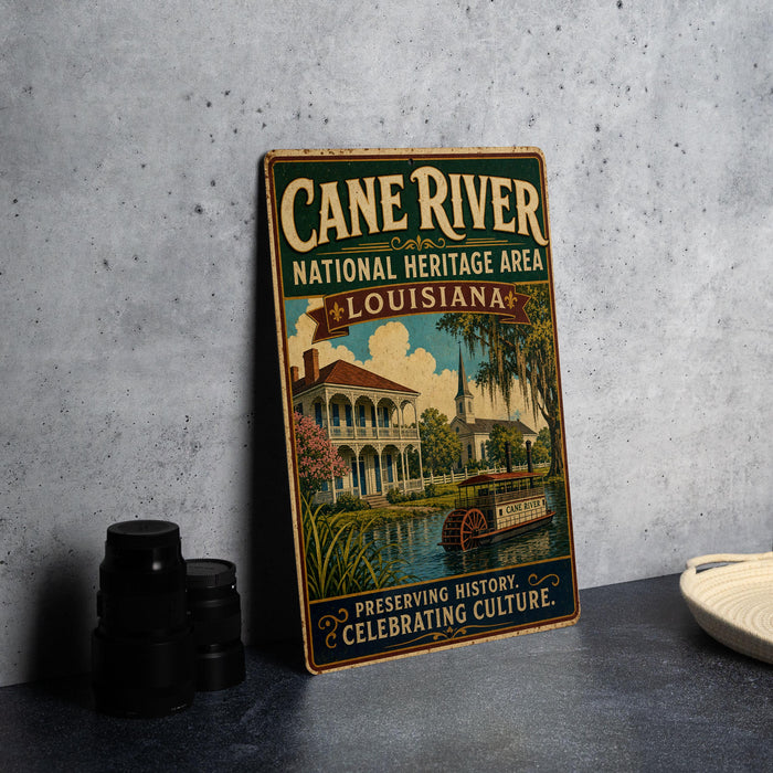 A vintage-style metal sign for the Cane River National Heritage Area in Louisiana, featuring an illustration of a houseboat on the river.