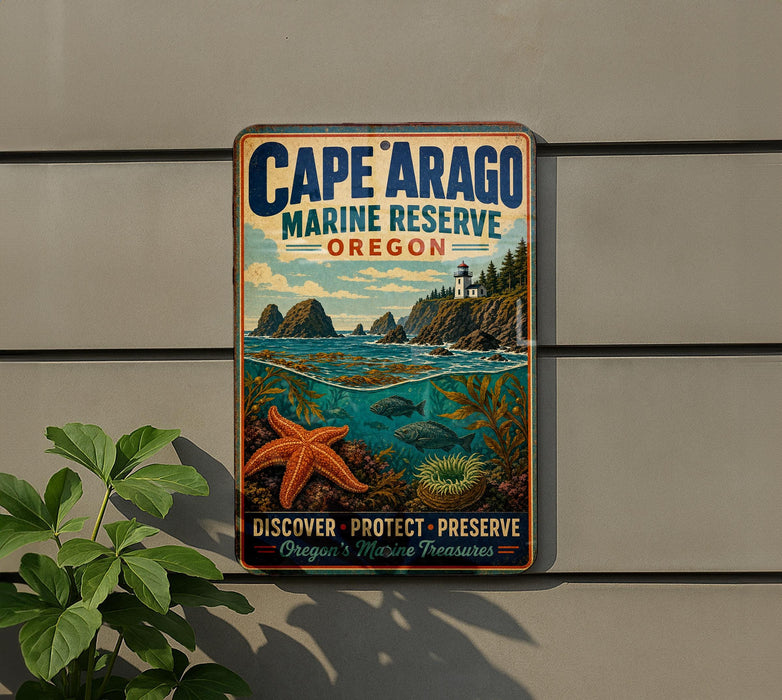 A vintage metal sign for Cape Arago Marine Reserve in Oregon, featuring a lighthouse, mountains, and marine life.