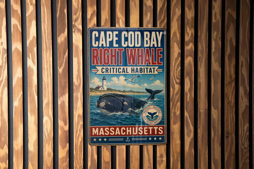A vintage metal sign for Cape Cod Bay, Massachusetts, featuring a right whale and the text "Right Whale Critical Habitat" in a blue and red color scheme.