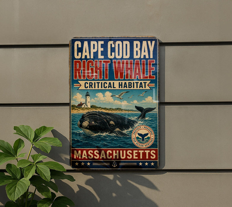 A vintage-style metal sign advertising Cape Cod Bay and the right whale critical habitat in Massachusetts.