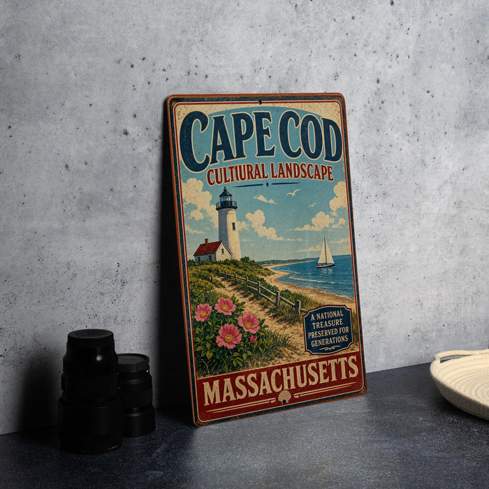 A vintage-style metal sign for Cape Cod, Massachusetts, featuring a lighthouse and a beach scene.