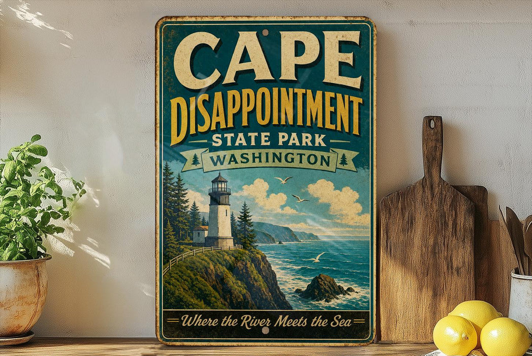 a vintage-style sign for Cape Disappointment State Park in Washington, Washington, with a lighthouse and ocean scene depicted on it. The sign is displayed on a shelf next to a wooden cutting board and a potted plant.