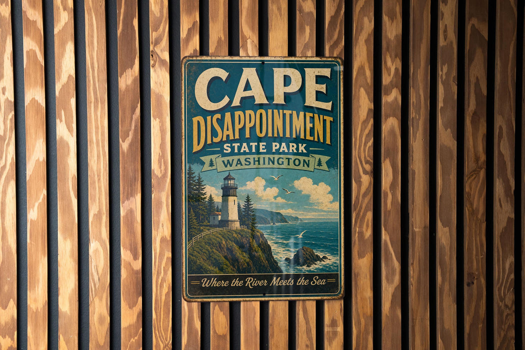 A vintage metal sign for Cape Disappointment State Park in Washington, featuring a lighthouse and a coastal landscape.