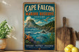 A vintage-style poster advertising the Cape Falcon Marine Reserve in Oregon, featuring a scenic image of the ocean, mountains, and marine life.
