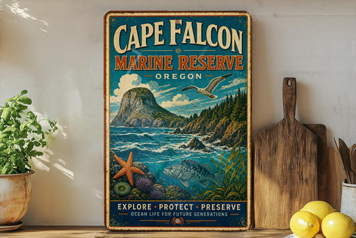 A vintage-style poster advertising the Cape Falcon Marine Reserve in Oregon, featuring a scenic image of the ocean, mountains, and marine life.