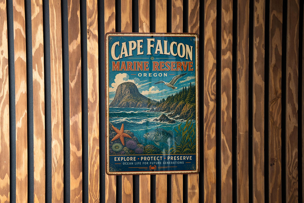 A vintage metal sign for Cape Falcon Marine Reserve, featuring a scenic landscape with a mountain, ocean, and various marine life.