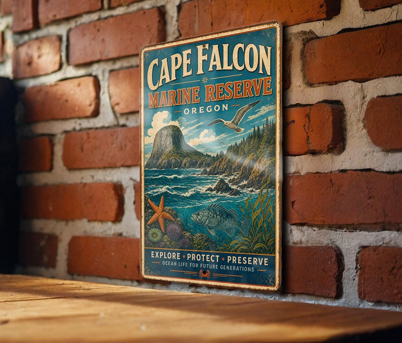 A vintage metal sign for Cape Falcon Marine Reserve, featuring an illustration of a rocky coastline, ocean, and marine life.