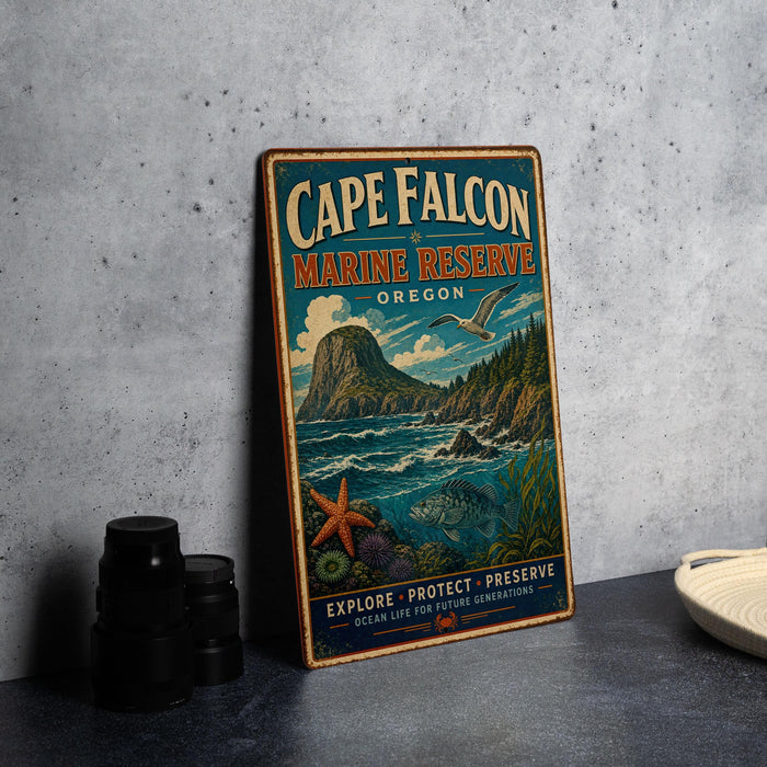 A vintage metal sign for Cape Falcon Marine Reserve, featuring a scenic illustration of the ocean and mountains.