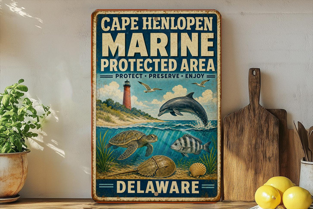 A vintage metal sign for Cape Henlopen Marine Protected Area in Delaware, featuring illustrations of marine life and a lighthouse.