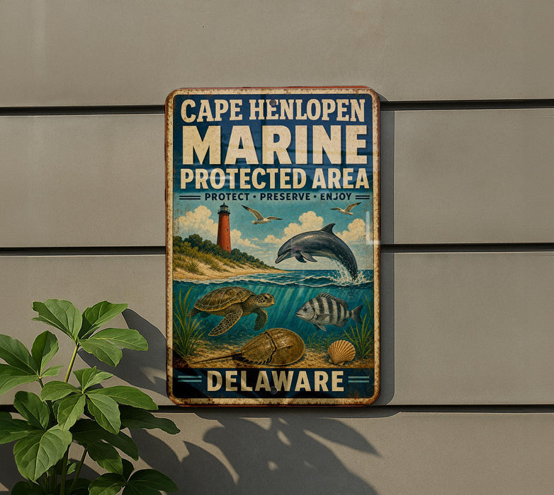 A metal sign on a wall that reads "Cape Henlopen Marine protected area" and "Delaware", with illustrations of marine life such as a lighthouse, turtle, and dolphin.