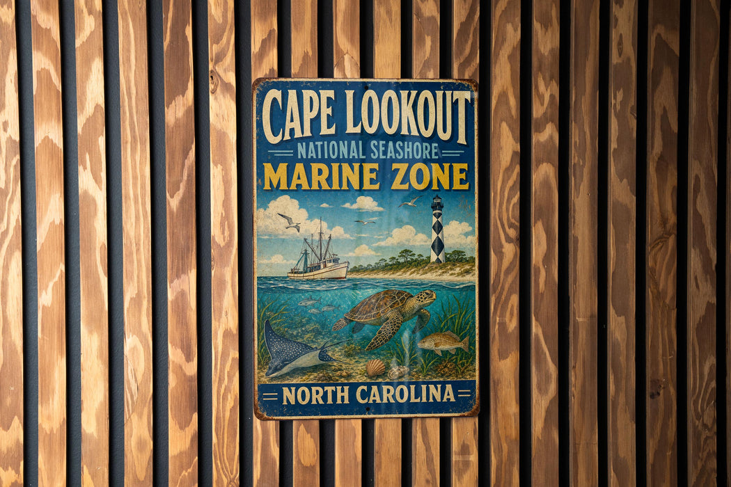A vintage metal sign for Cape Lookout National Seashore Marine Zone, featuring an illustration of a lighthouse, a boat, and marine life, is displayed on a wooden wall.